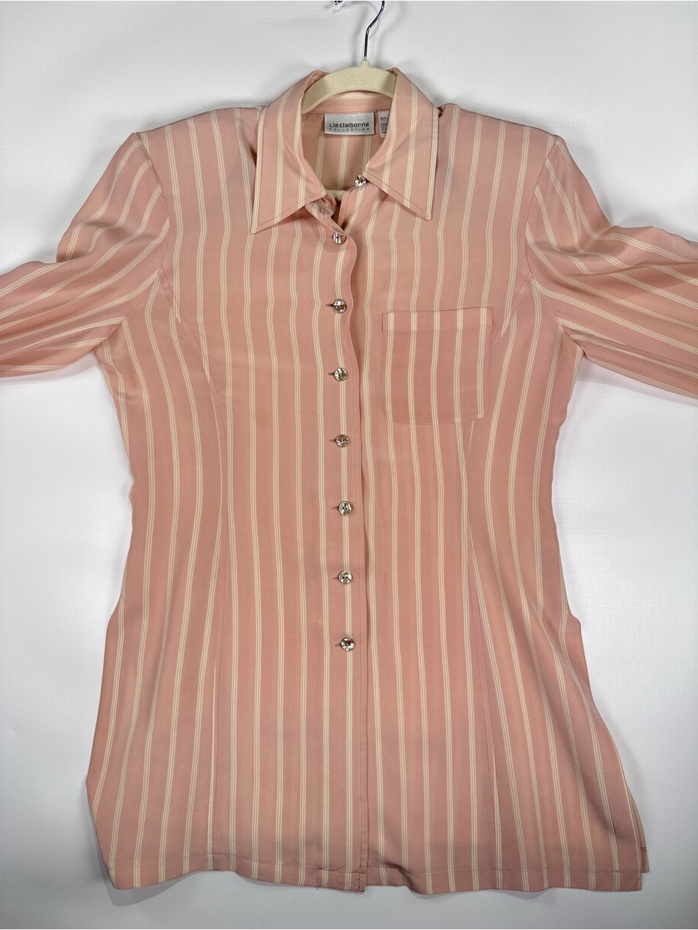 Liz Claiborne Long Sleeve Blouse Shoulder Pads Silk Stripe Pink White 6 - Picture 3 of 12